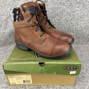✅Womens 7.5 Keen Tyretread Brown Leather Lace Up Ankle Boots Tortoise Shell Cuff